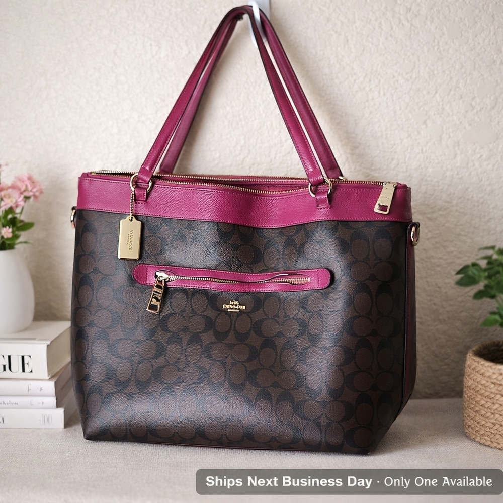Coach Tote Bag Signature Shoulder Bag Brown x Wine Red Pink Women's .F54690